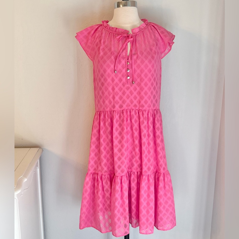 Tommy Hilfiger Flutter Sleeve Ruffle Neck Trellis Chiffon Shift Dress, Pink Sz 8